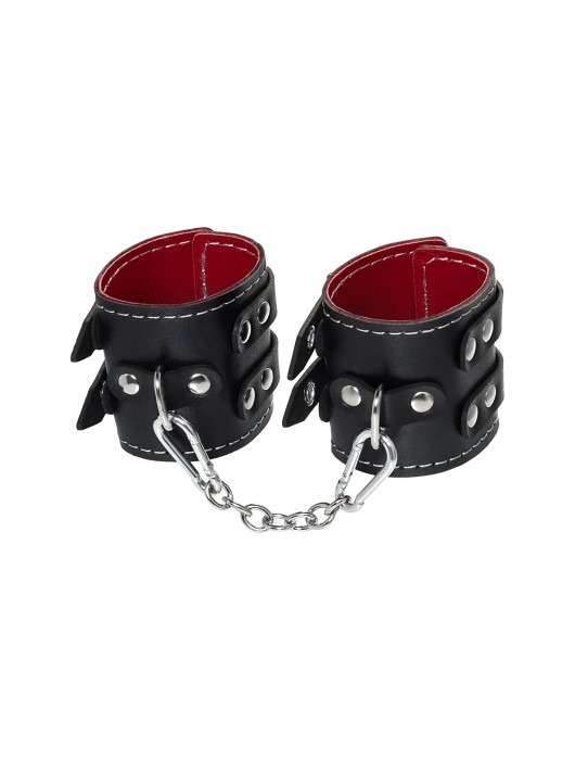 Черные кожаные наручники с двумя ремнями и красной подкладкой - Pecado - купить с доставкой в Челябинске
