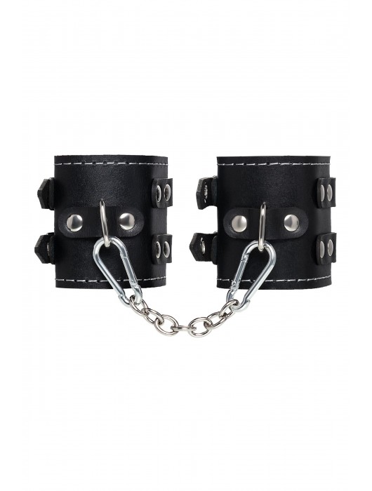 Черные кожаные наручники с двумя ремнями и красной подкладкой - Pecado - купить с доставкой в Челябинске
