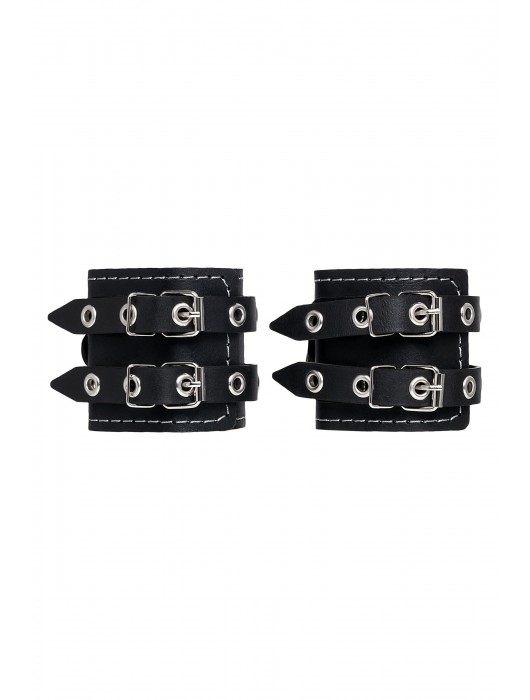 Черные кожаные наручники с двумя ремнями и красной подкладкой - Pecado - купить с доставкой в Челябинске