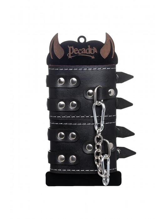 Черные кожаные наручники с двумя ремнями и красной подкладкой - Pecado - купить с доставкой в Челябинске