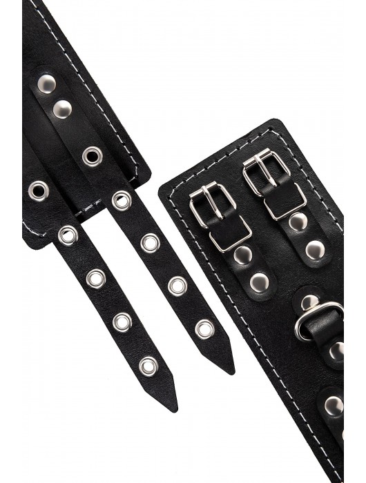 Черные кожаные наручники с двумя ремнями и красной подкладкой - Pecado - купить с доставкой в Челябинске