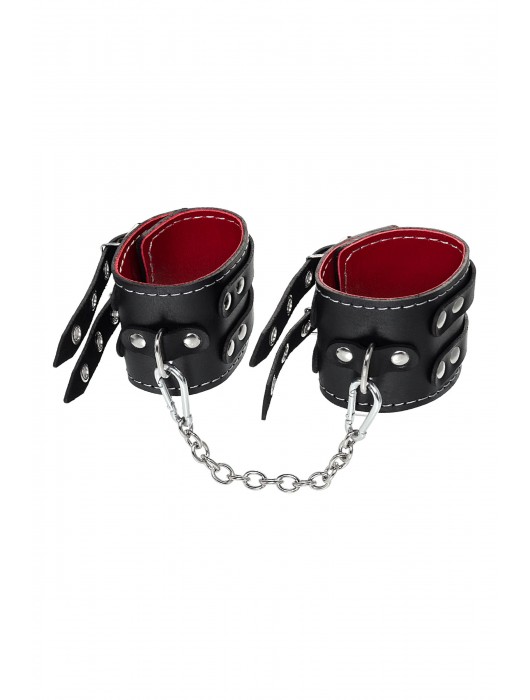 Черные кожаные оковы с двумя ремнями и красной подкладкой - Pecado - купить с доставкой в Челябинске