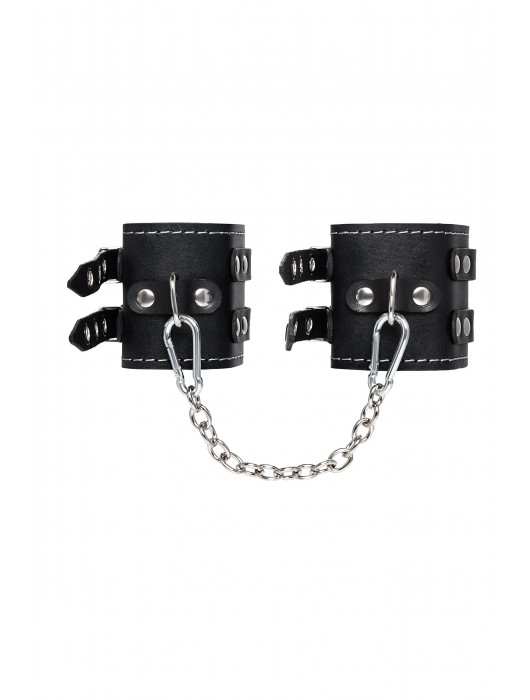 Черные кожаные оковы с двумя ремнями и красной подкладкой - Pecado - купить с доставкой в Челябинске