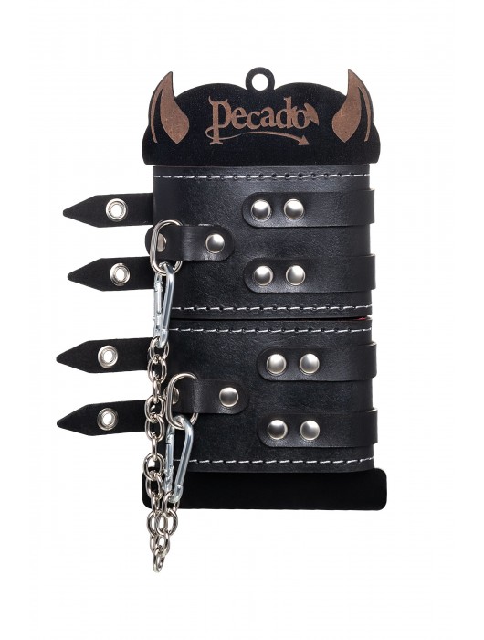 Черные кожаные оковы с двумя ремнями и красной подкладкой - Pecado - купить с доставкой в Челябинске