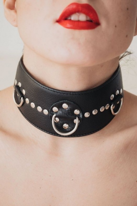 Чёрный кожаный ошейник с полукольцами и клёпками - БДСМ Арсенал - купить с доставкой в Челябинске