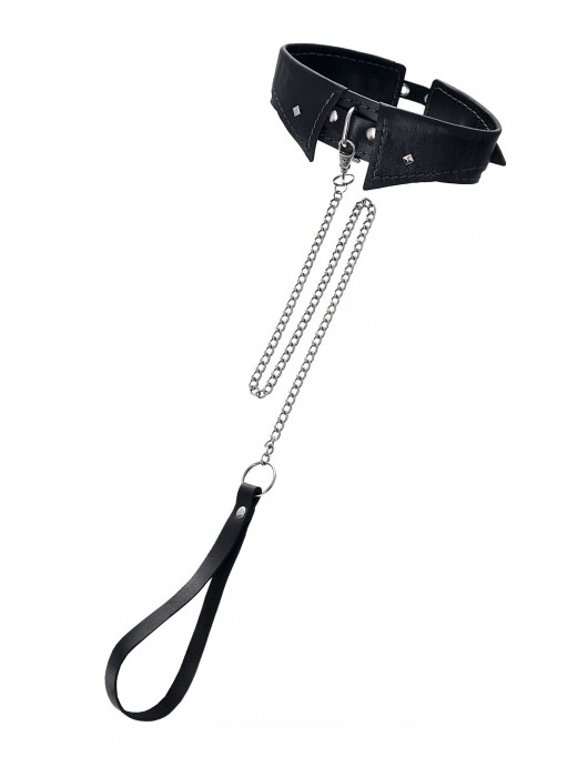 Черный кожаный ошейник-воротник с поводком - Pecado - купить с доставкой в Челябинске