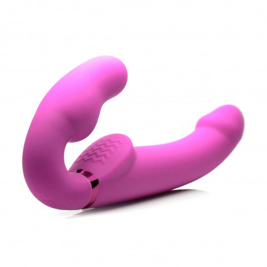 Розовый безремневой страпон с вибрацией и функцией расширения Inflatable Ergo-Fit Strapless Strap-On - XR Brands - купить с доставкой в Челябинске