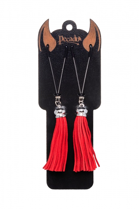 Зажимы на соски «Вилки» с красными кисточками из замши - Pecado - купить с доставкой в Челябинске