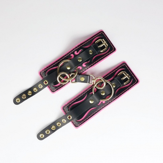 Черные кожаные наручники с розовой строчкой - Crazy Handmade - купить с доставкой в Челябинске