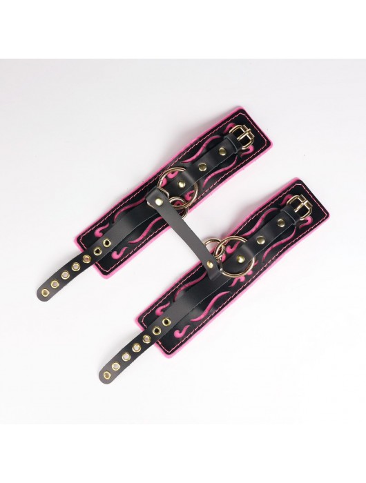 Черные кожаные оковы с розовой строчкой - Crazy Handmade - купить с доставкой в Челябинске