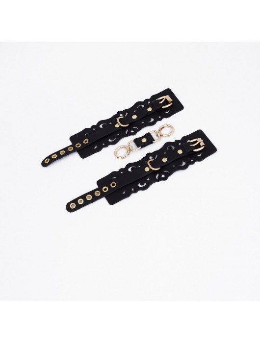 Черные кожаные наручники с узорами и золотистой фурнитурой - Crazy Handmade - купить с доставкой в Челябинске