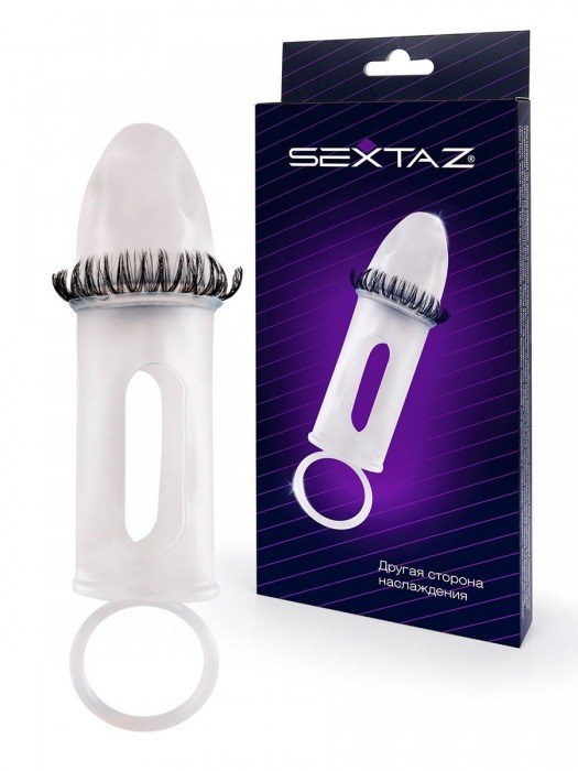 Закрытая насадка на пенис с подхватом мошонки и стимулирующими «ресничками» - Sextaz - в Челябинске купить с доставкой