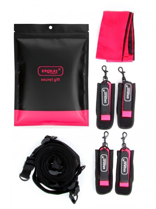 Черно-розовый эротический набор: фиксатор, оковы, наручники, повязка - Erokay - купить с доставкой в Челябинске