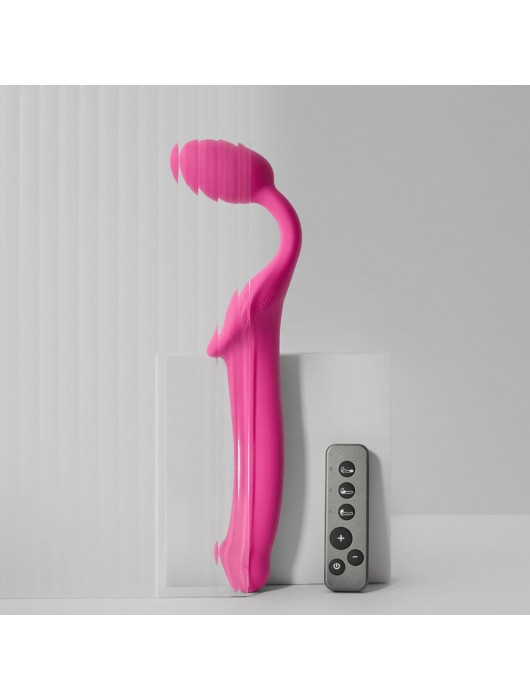 Ярко-розовый безремневой страпон Strap-on-me Vibrating Bendable Strap-On size M - Strap-on-me - купить с доставкой в Челябинске