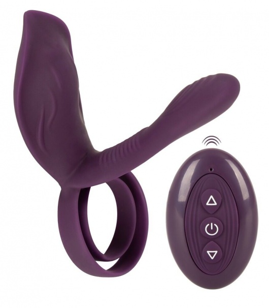 Фиолетовая насадка на член с клиторальным отростком и пультом ДУ RC Couple’s Vibrator 2 - Orion - в Челябинске купить с доставкой