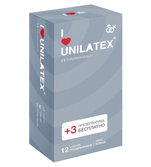 Презервативы с рёбрами Unilatex Ribbed - 12 шт. + 3 шт. в подарок - Unilatex - купить с доставкой в Челябинске