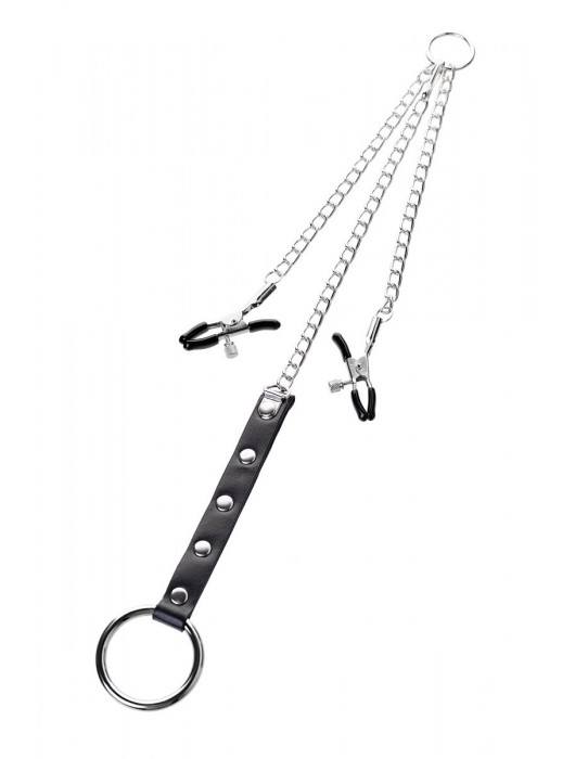 Серебристо-чёрные зажимы для сосков с кольцом для пениса TOYFA Metal - ToyFa - купить с доставкой в Челябинске